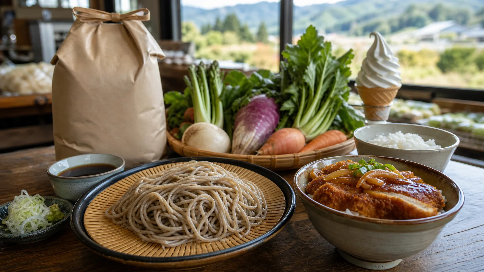 田切産そば、ソースカツ丼、米、野菜、すずらんソフトを組み合わせた写真調イメージ