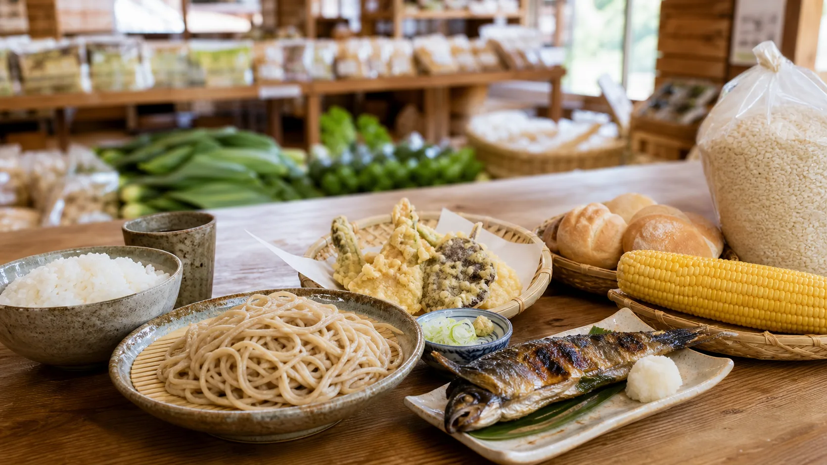 そば、米、川魚、野菜、パンを組み合わせた売木村らしい食のイメージ写真