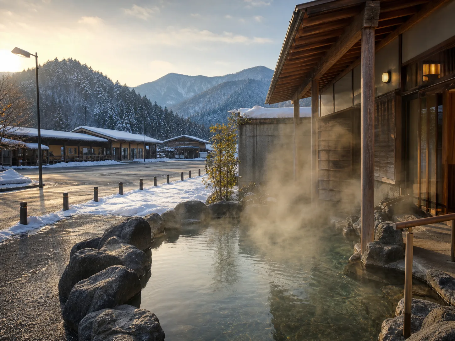 雪の荘川ドライブと温泉休憩を表す写真調イメージ