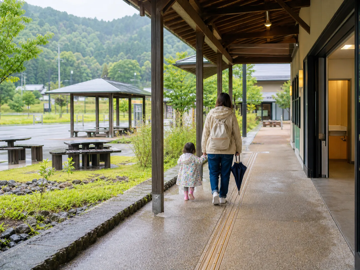 雨の日でも屋根のある通路を親子で歩ける道の駅のイメージ写真