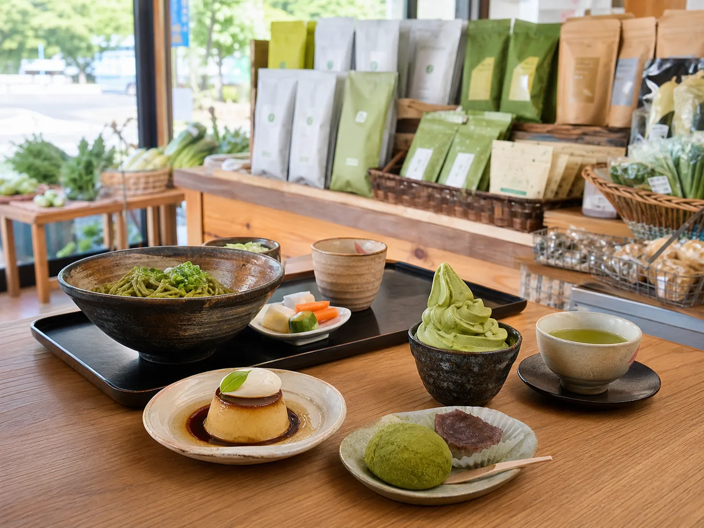 白川茶、茶スイーツ、軽食、産直の買い物を楽しむイメージ写真