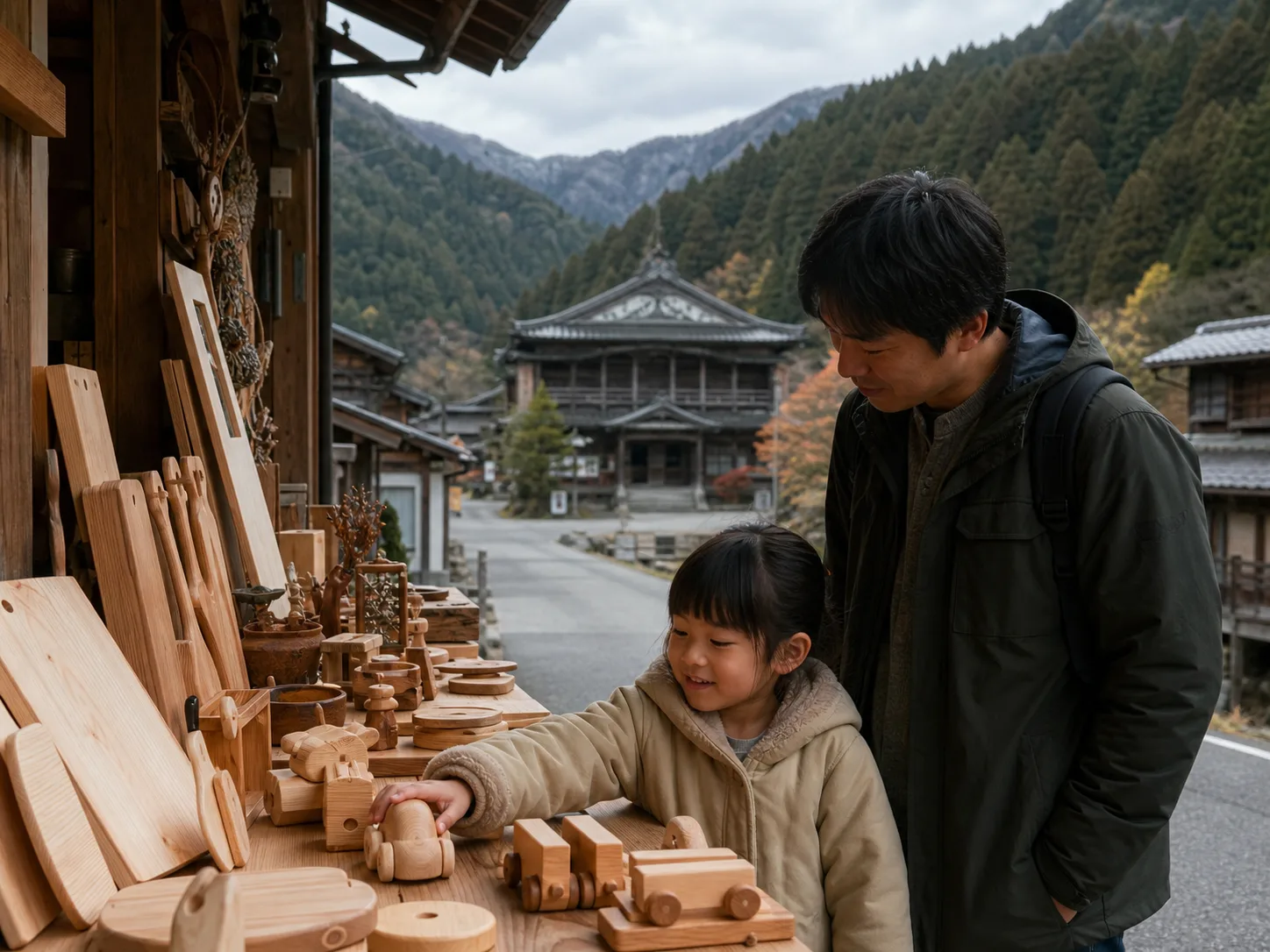 木工品を親子で見る山里の寄り道を想定した写真調イメージ