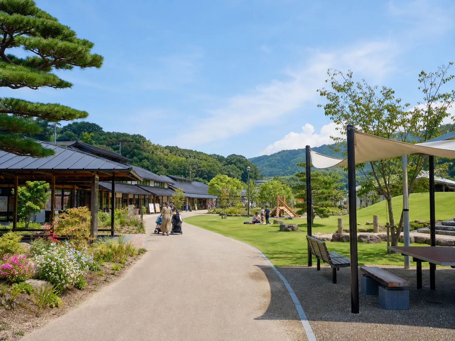 芝生と散策路のある庭園休憩の写真調イメージ