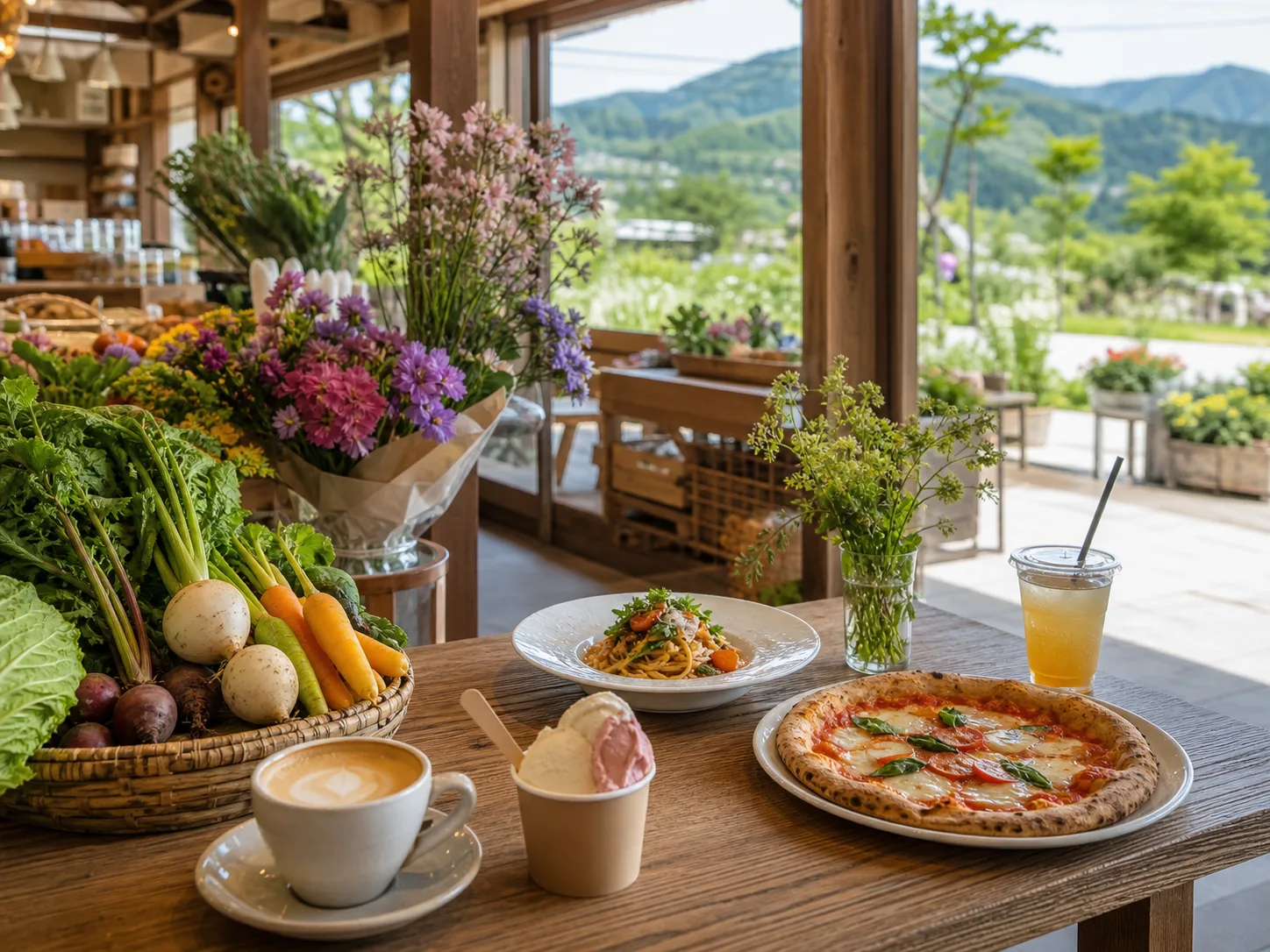 地元野菜とカフェメニューを並べた写真調イメージ
