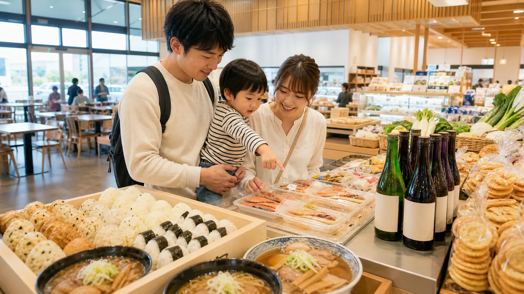 長岡の米、海鮮、ラーメン、土産を選ぶフードコートと物産売場のイメージ写真