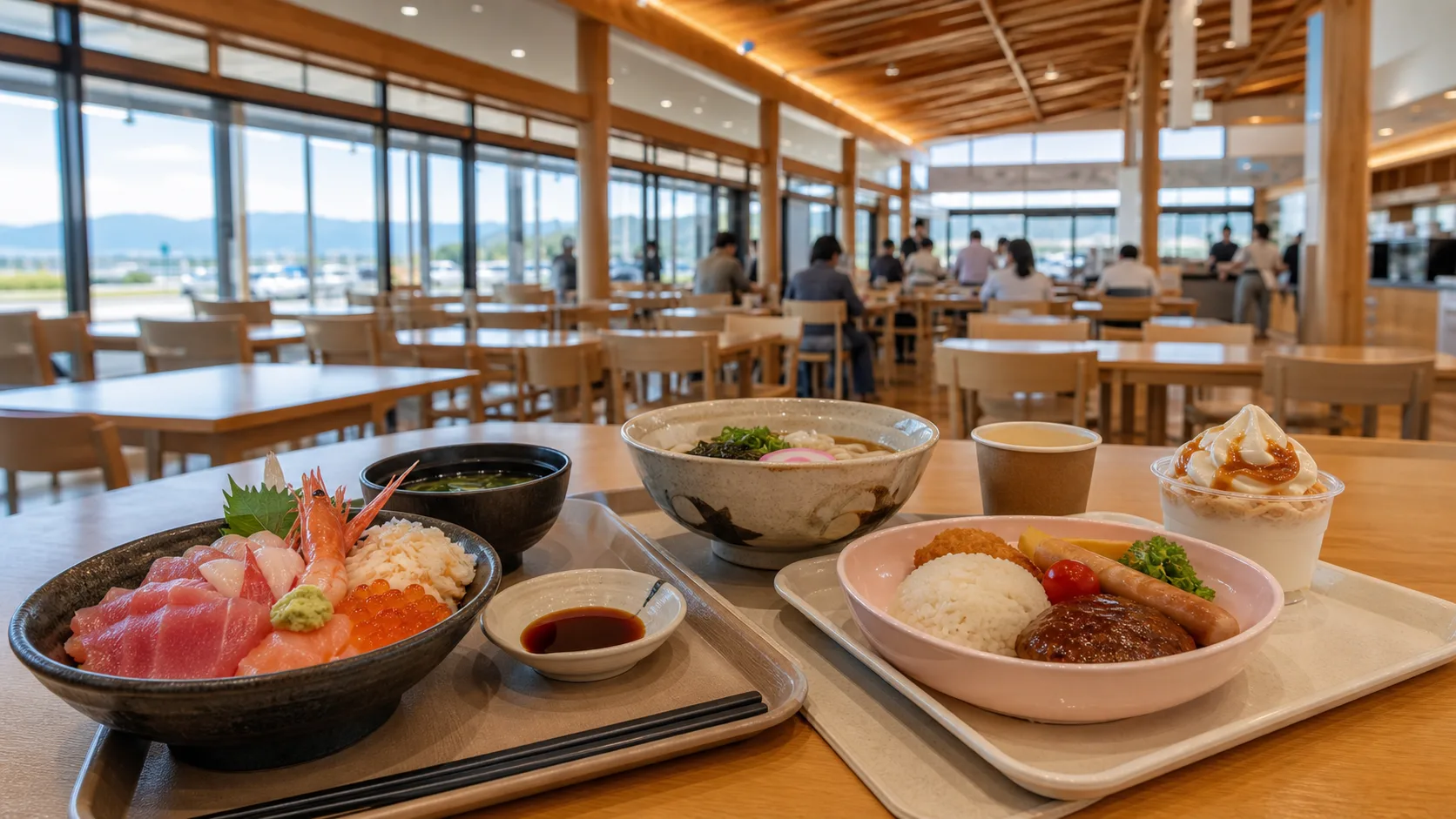 海鮮丼、うどん、子ども向けメニュー、甘味が並ぶ食遊館のイメージ写真