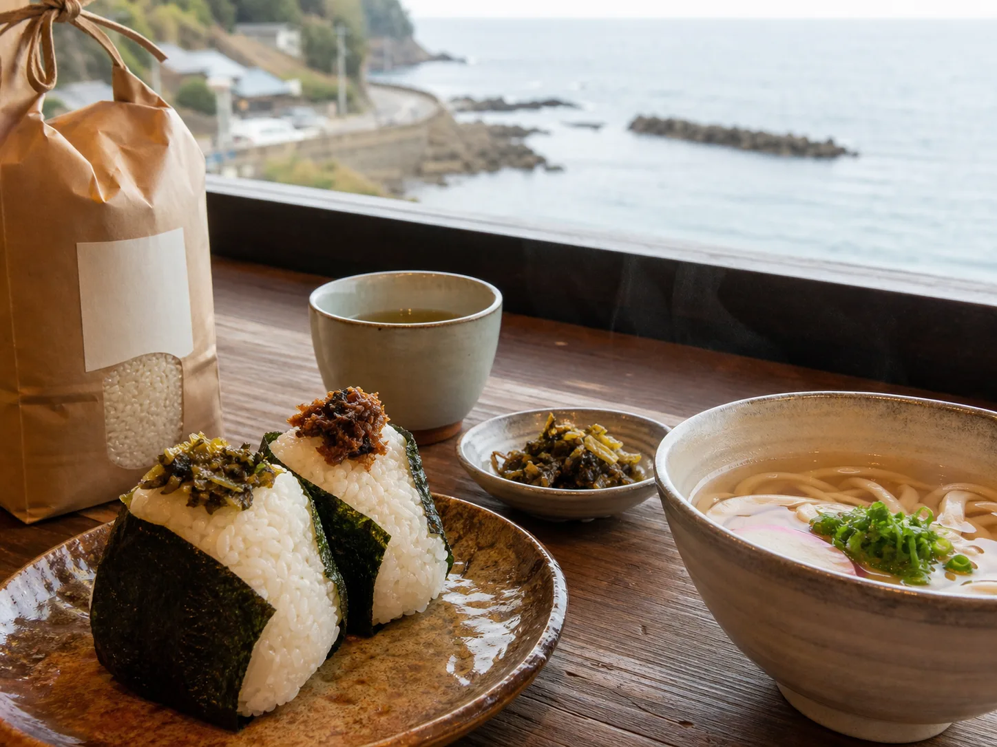 棚田米のおにぎりと温かい麺