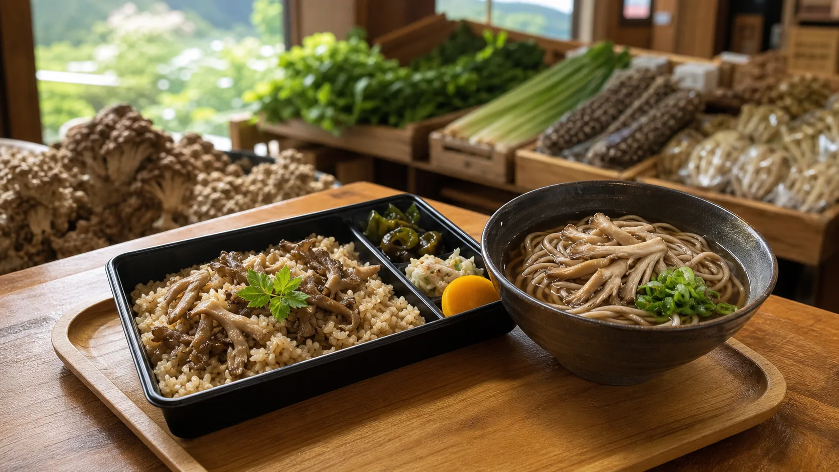 まいたけ弁当と山の産品を選ぶ食事休憩のイメージ