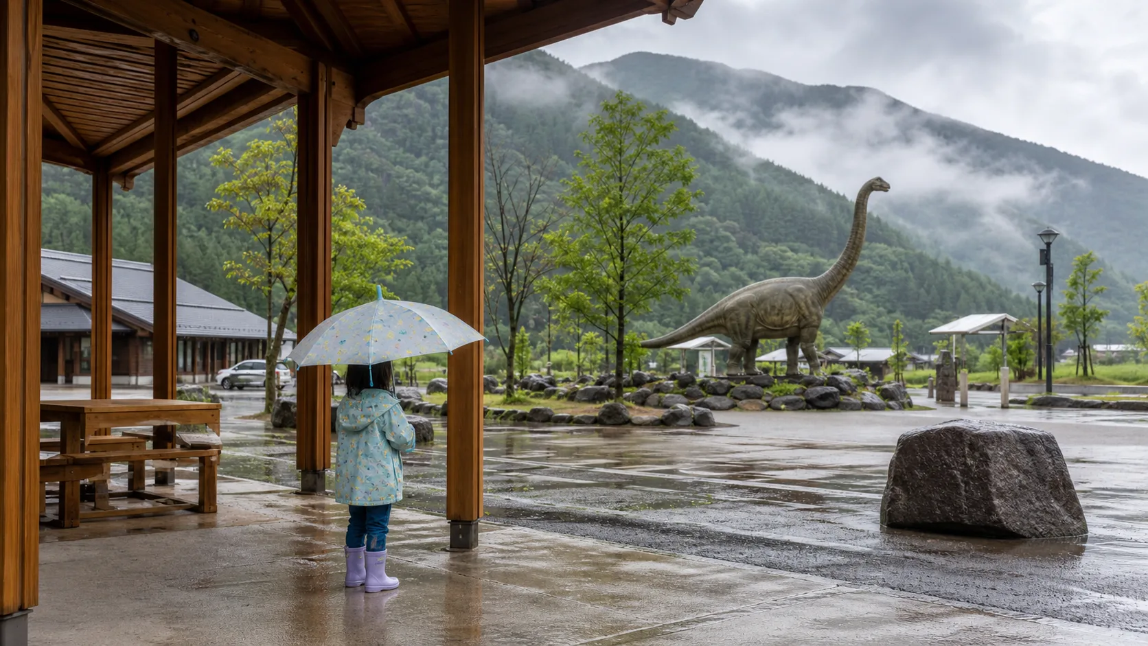 雨の日でも恐竜親子と屋根付き休憩を使う家族のイメージ