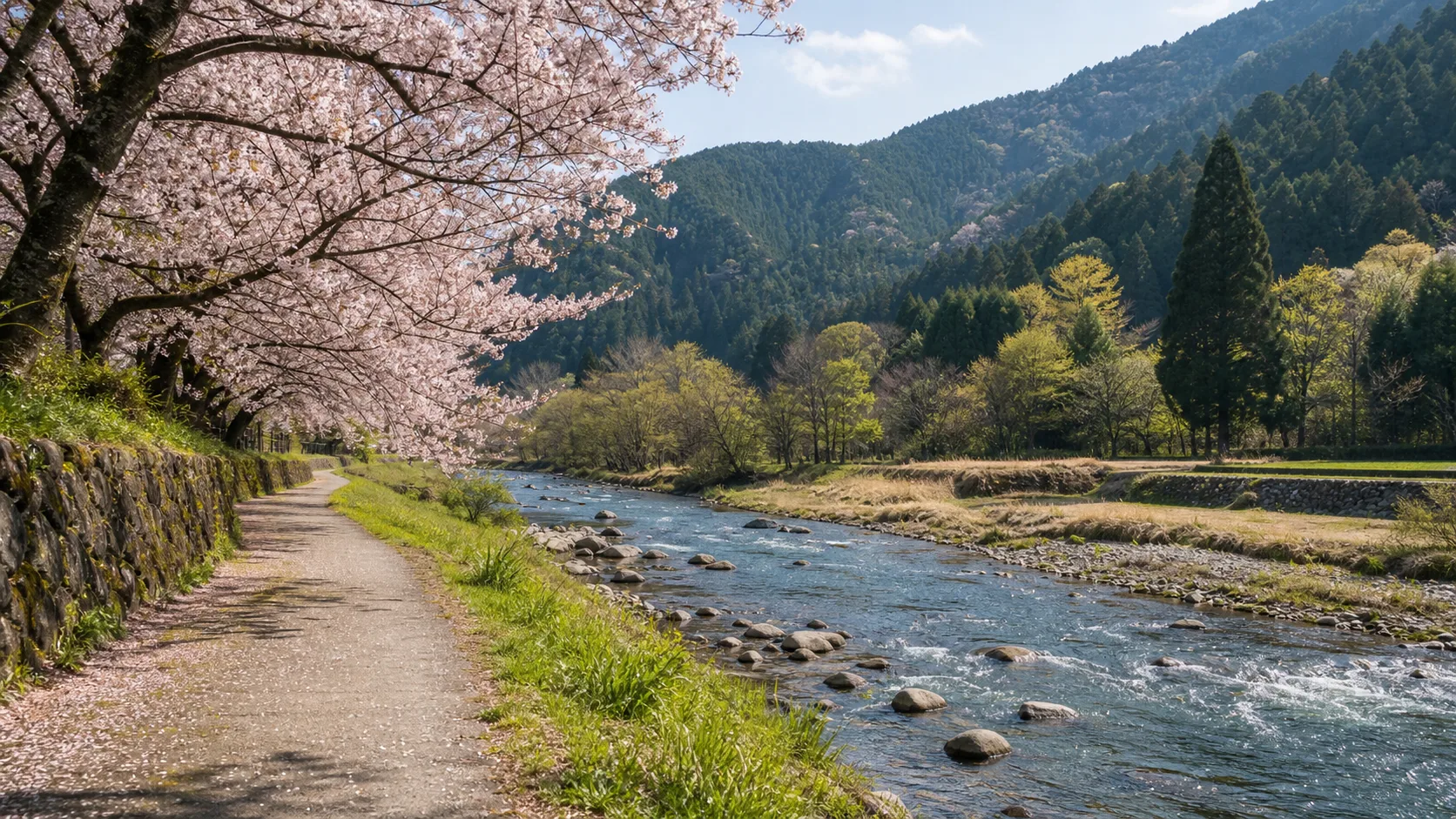 南川沿いの桜並木と山あいの散策をイメージした写真