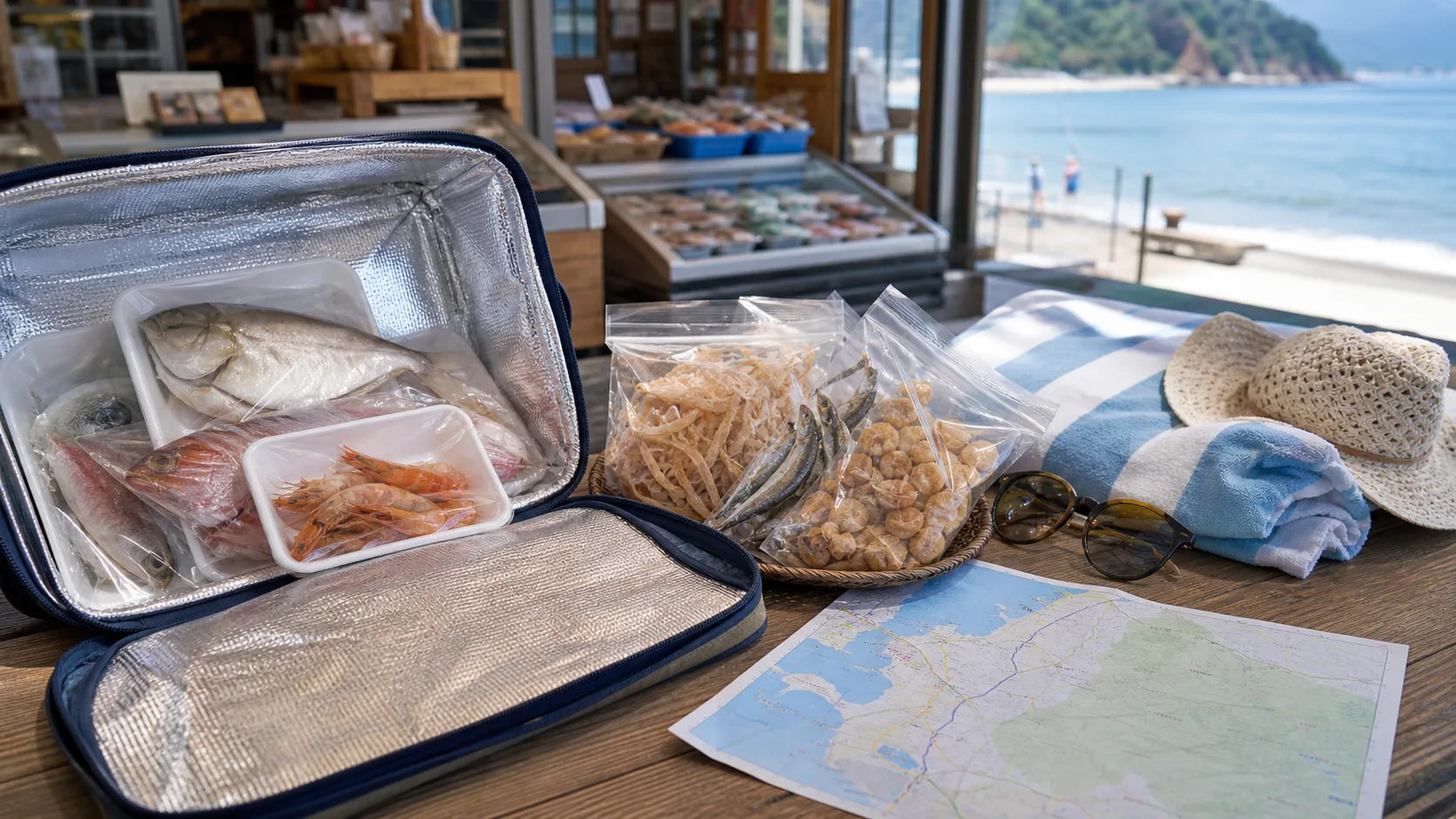海辺の買い物とビーチ準備を表す写真調イメージ
