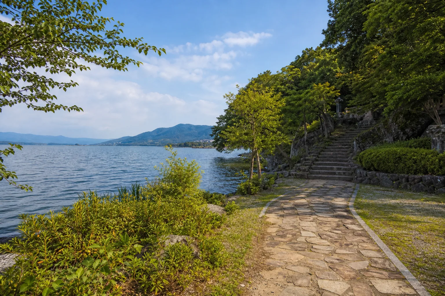 北潟湖周辺の水辺と短い散策路を思わせる写真調イメージ