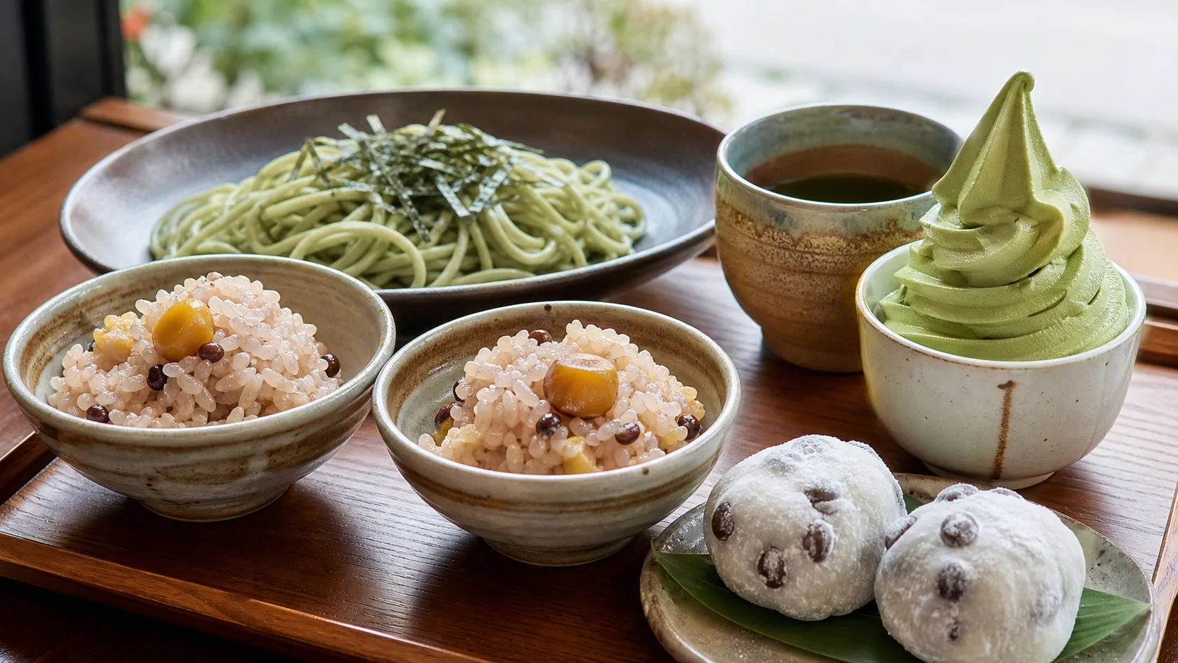 おこわ、茶そば、抹茶ソフト、豆大福を楽しむ食事のイメージ写真