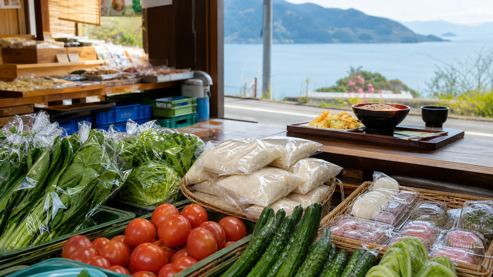 地域野菜と皿そば、湖北の買い物をイメージした写真調素材
