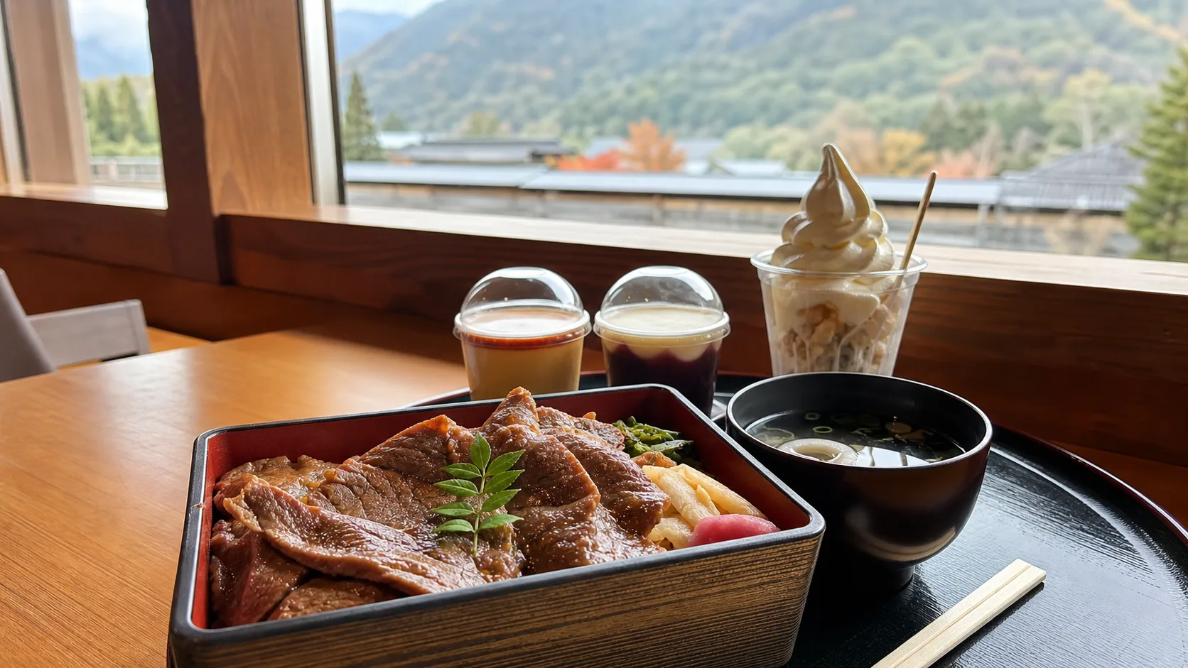 近江牛重と甘味を楽しむレストラン休憩の写真調素材