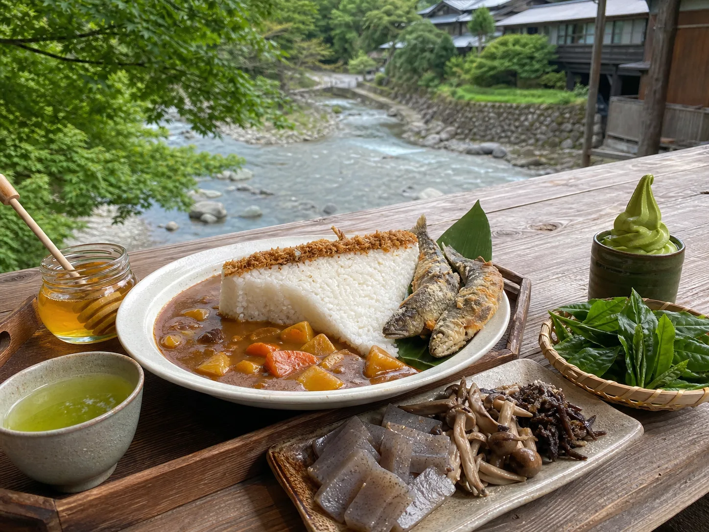 永源寺ダムカレー、岩魚、政所茶、永源寺こんにゃくを組み合わせた写真調イメージ