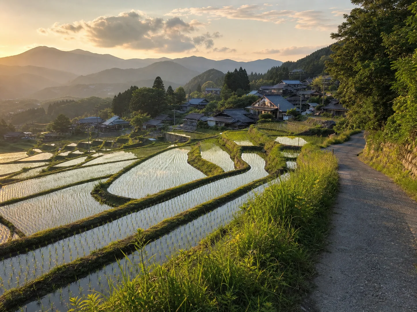 短い村歩きに向く棚田風景の写真調イメージ