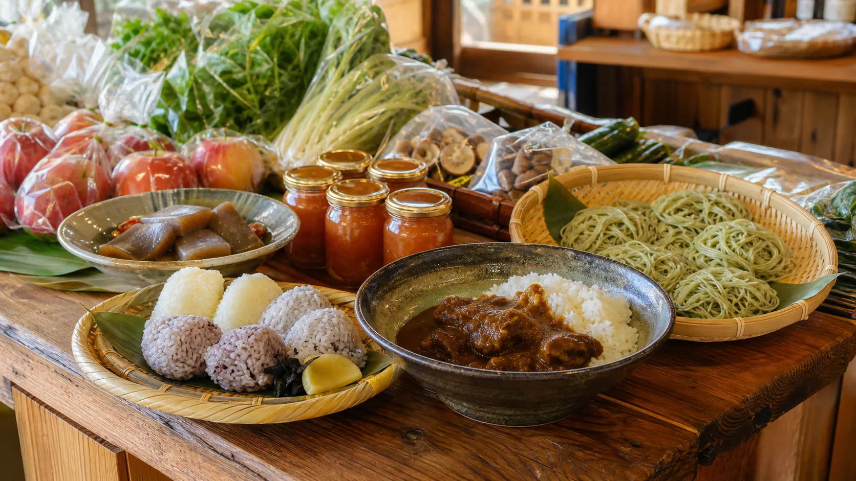 山あいの道の駅で味わう笹うどん、鹿カレー、りんごジャム、野菜の写真調イメージ