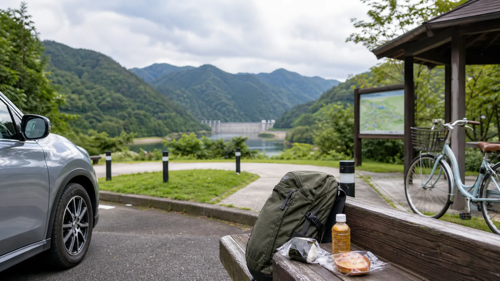 多々良木の山あいで車を停めて短く休憩する写真調イメージ