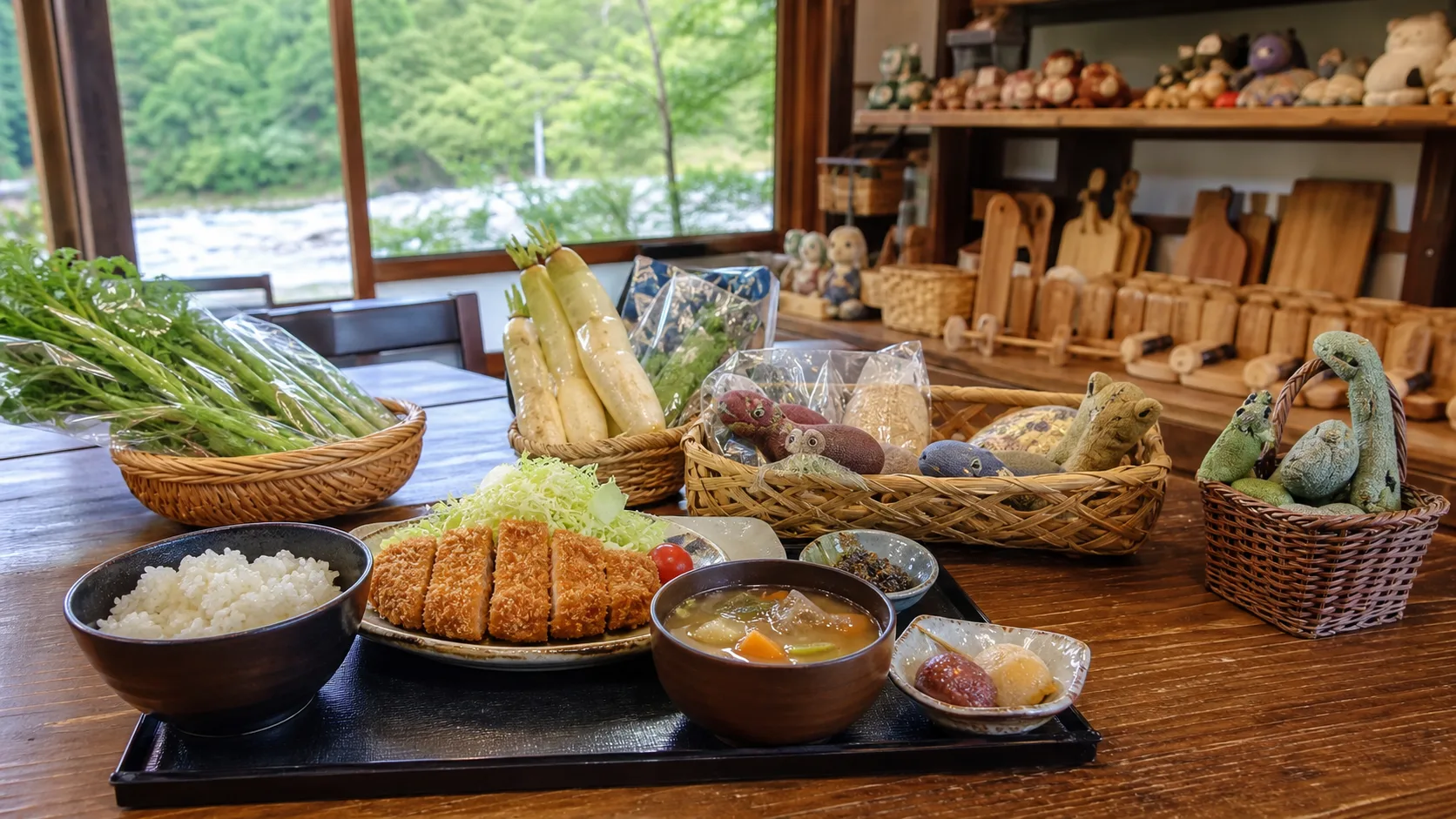 レストランの定食と地元野菜、つちのこグッズをイメージした写真調素材