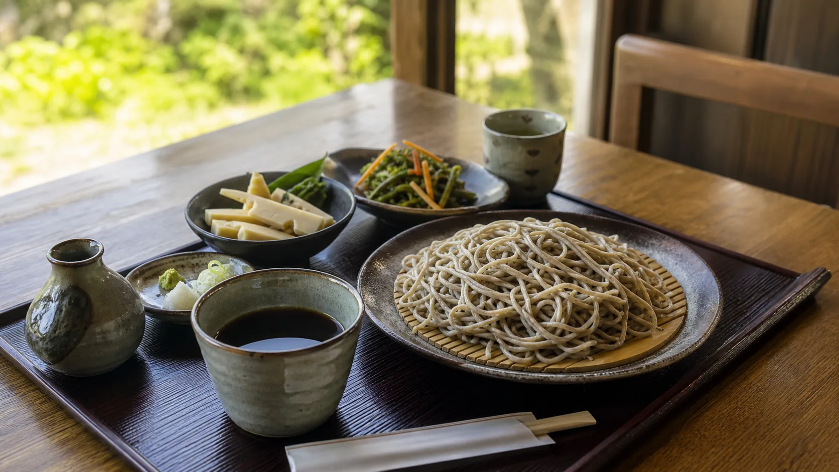 十割そばと季節の小鉢を思わせる食事の写真調イメージ