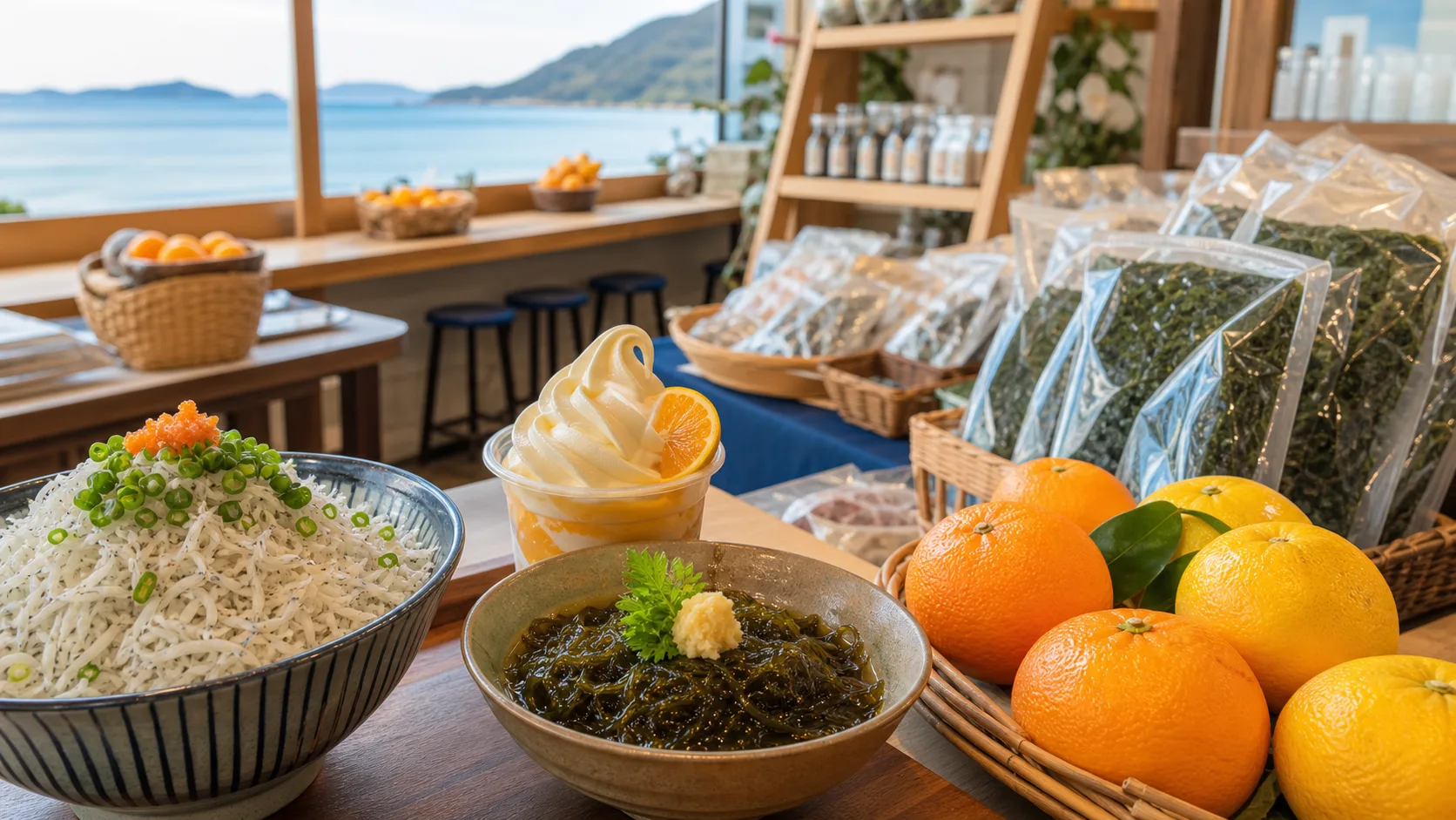 しらす丼、あかもく丼、柑橘、海藻土産を並べた白崎海洋公園の食と買い物の写真調イメージ