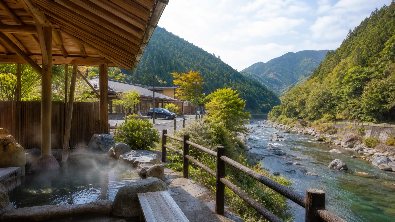 川沿いの温泉寄り道をイメージした写真調素材