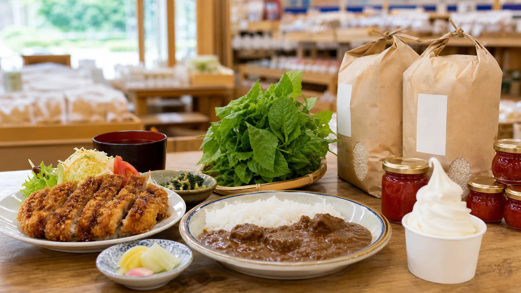 吉川豚、鹿肉カレー、えごま、若桜米、ソフトクリームをイメージした食事と買い物の写真
