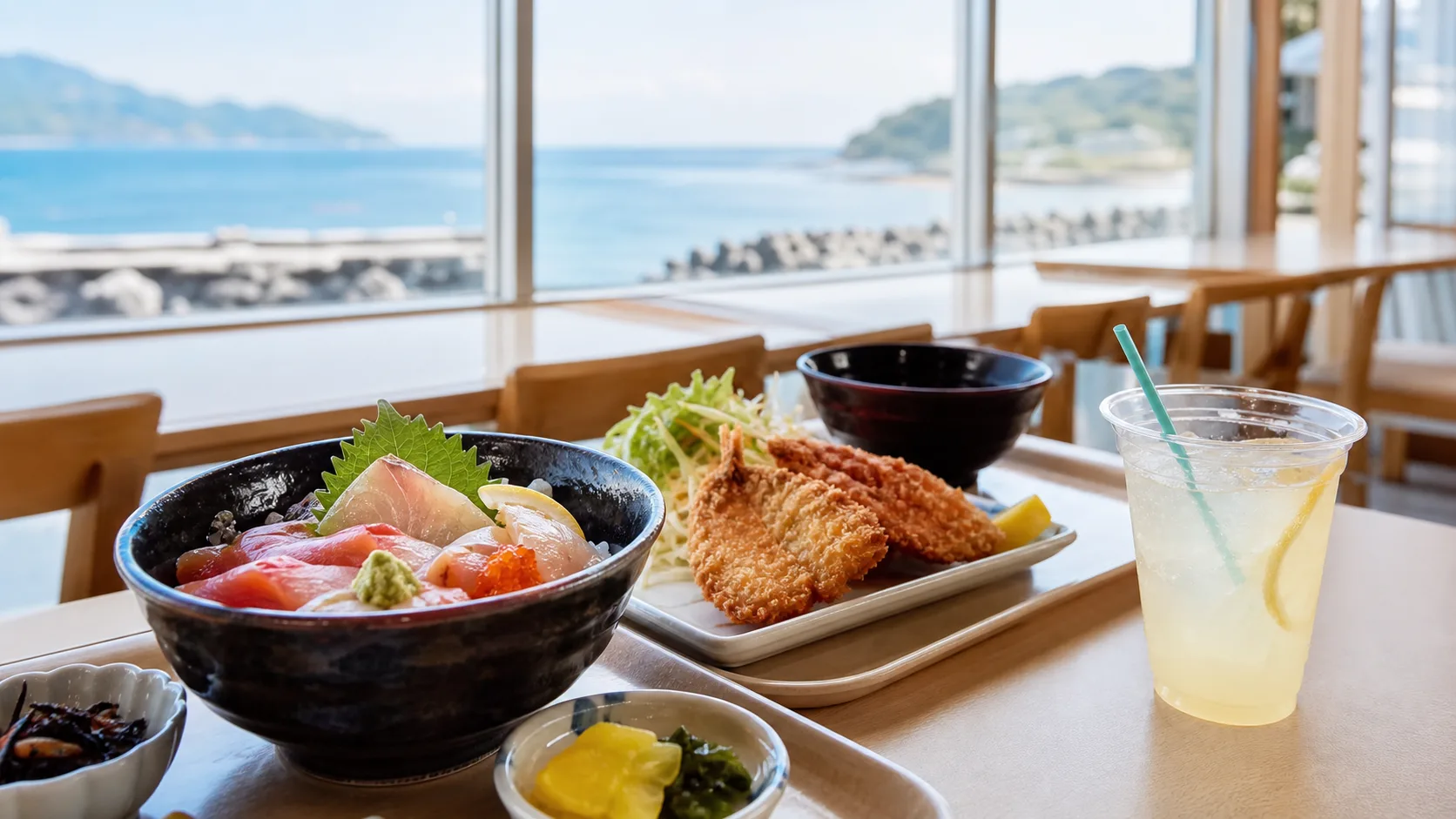 海を望む食堂で海鮮丼と揚げ物を楽しむイメージ