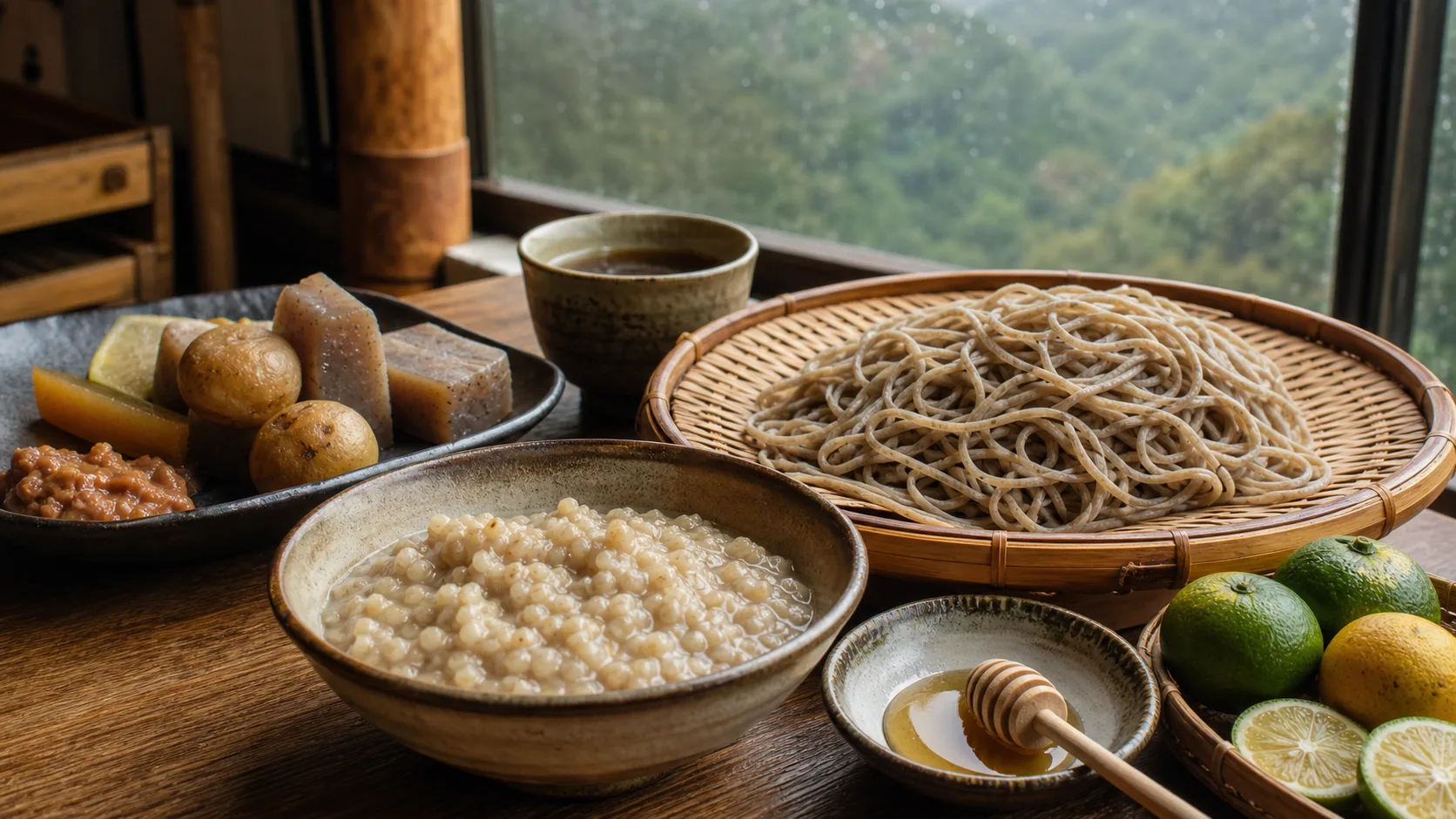 祖谷そば、そば米雑炊、こんにゃくを並べた山里の食事イメージ