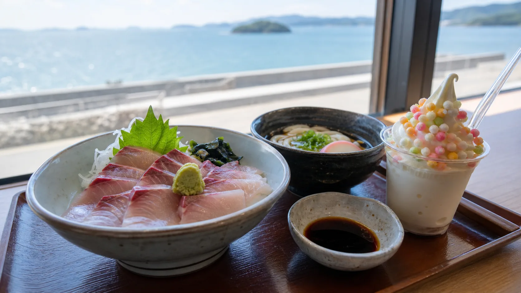 海辺の食堂をイメージした海鮮丼と甘味の写真調素材