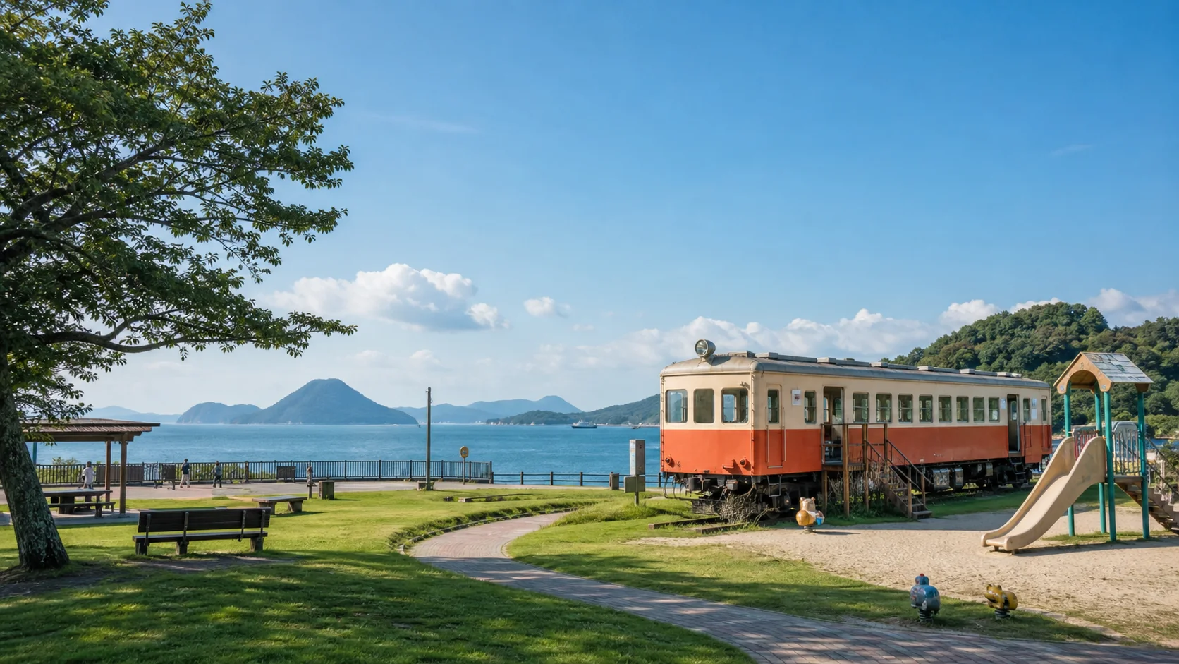 海の見える芝生広場と遊具、展示車両がある公園のイメージ写真