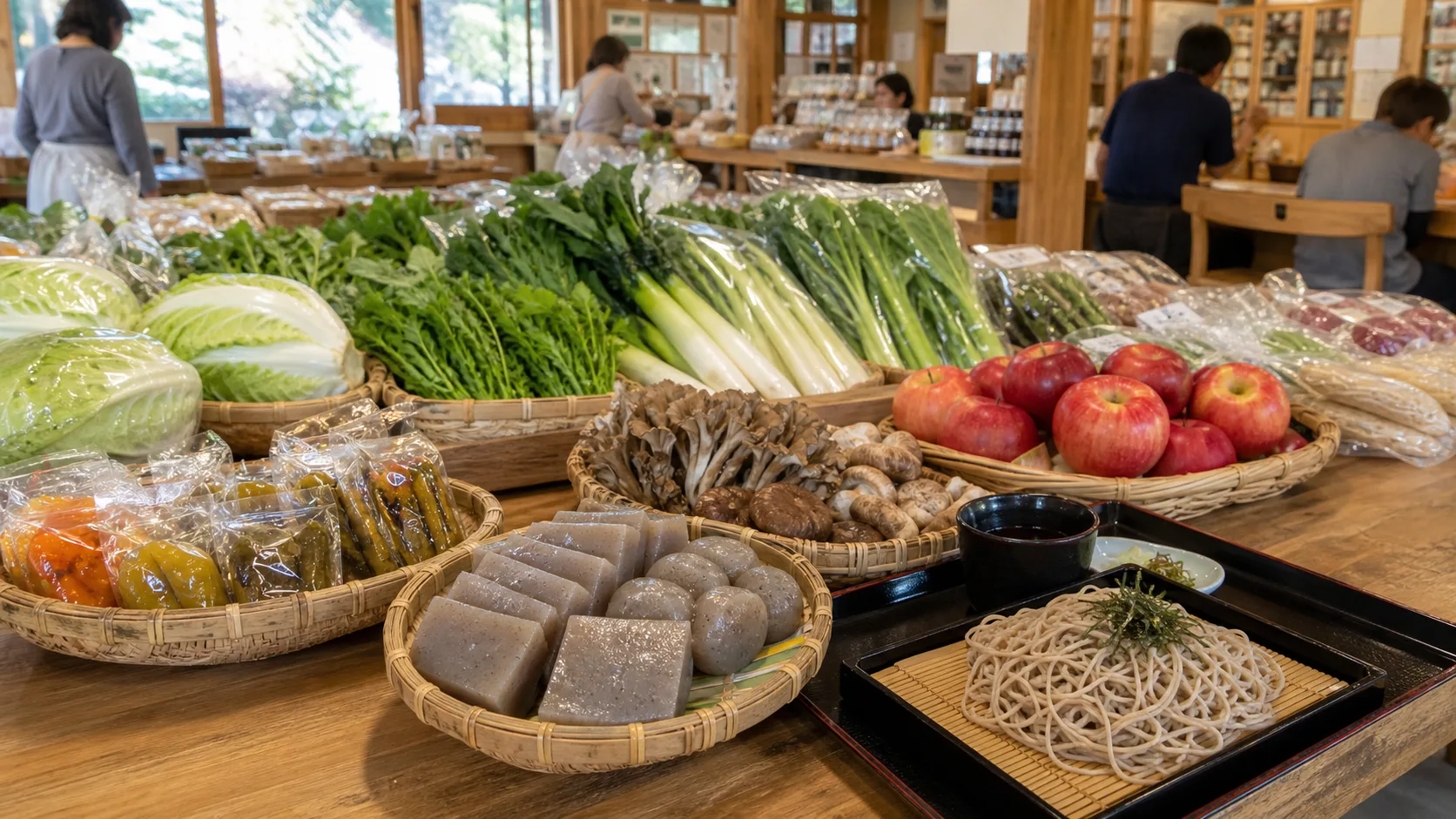 山の直売所で野菜や加工品を選ぶイメージ写真