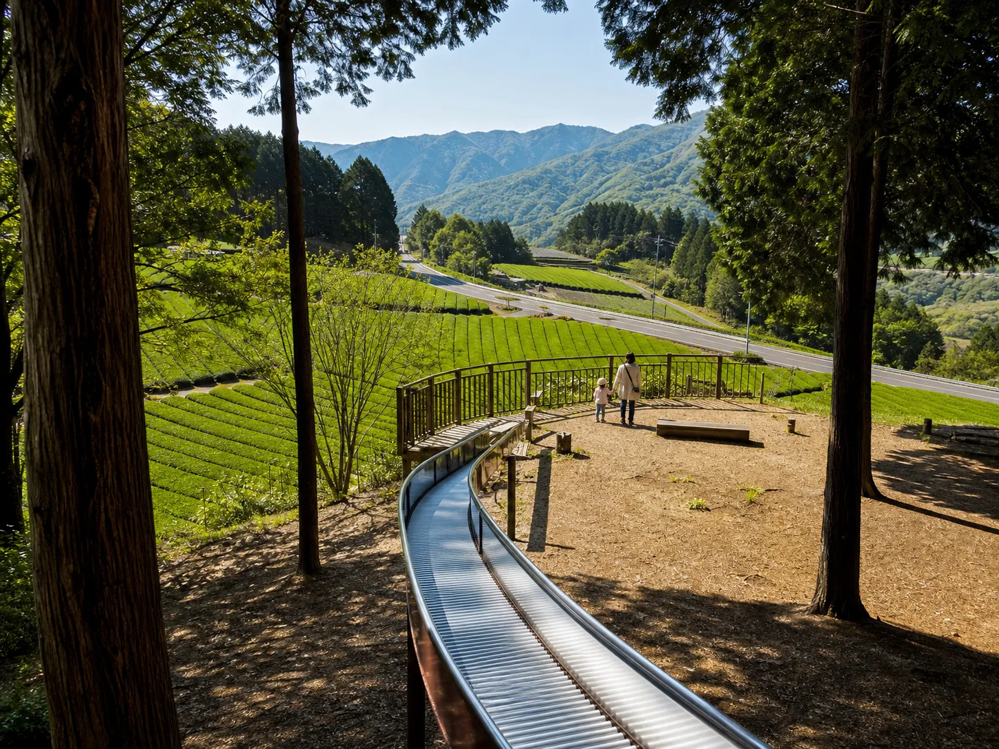 茶畑を望む公園とローラー滑り台の写真調イメージ