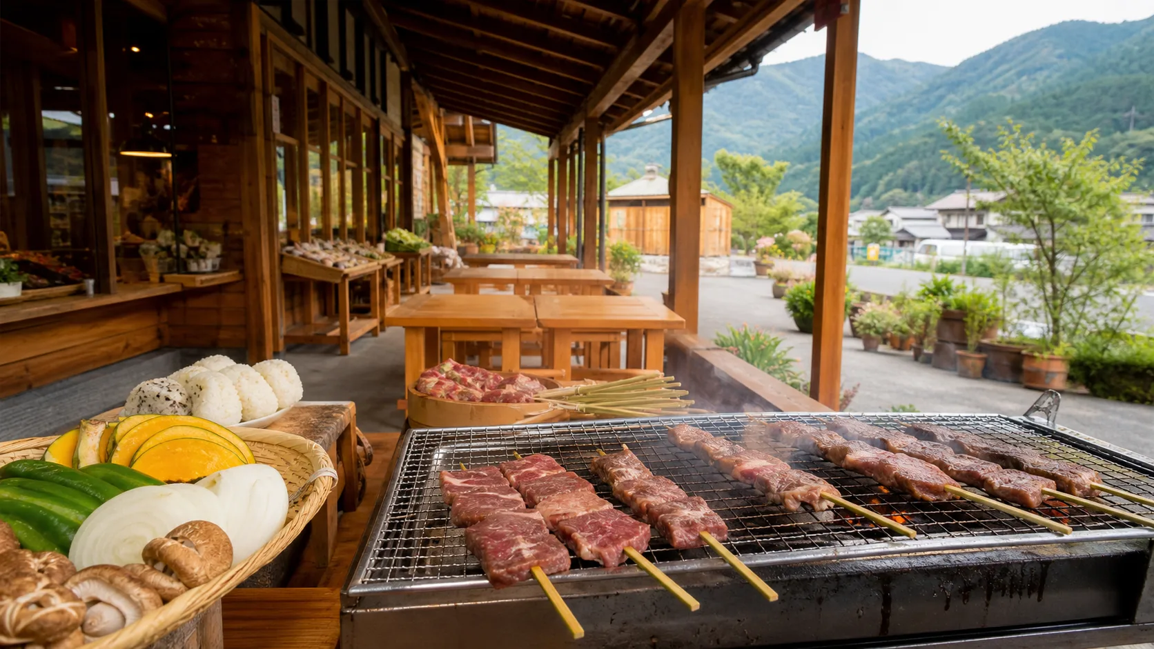 屋根付きのBBQテラスで肉を焼く写真調イメージ