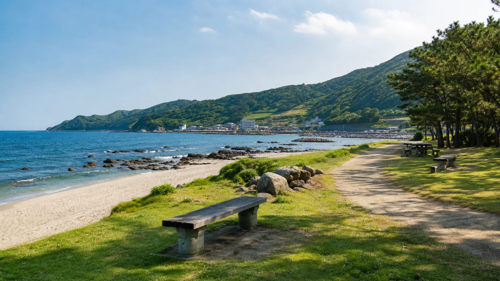 食後に黒潮町の海辺へ寄り道する写真調イメージ