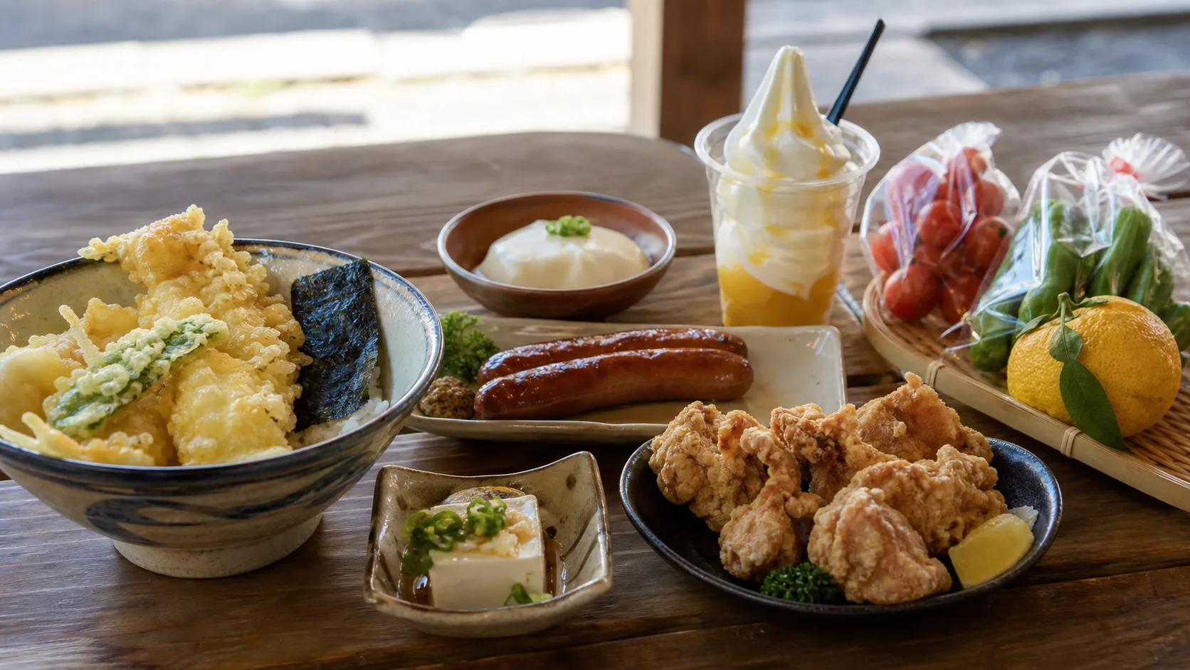 鱧天、からあげ、豆腐、ハム、ゆずソフトを並べた豊前の食のイメージ写真