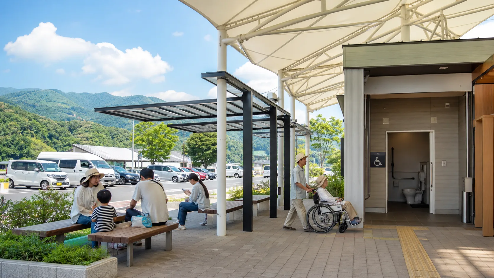 明るい大屋根、トイレ、休憩ベンチ、駐車場が見える休憩導線のイメージ写真
