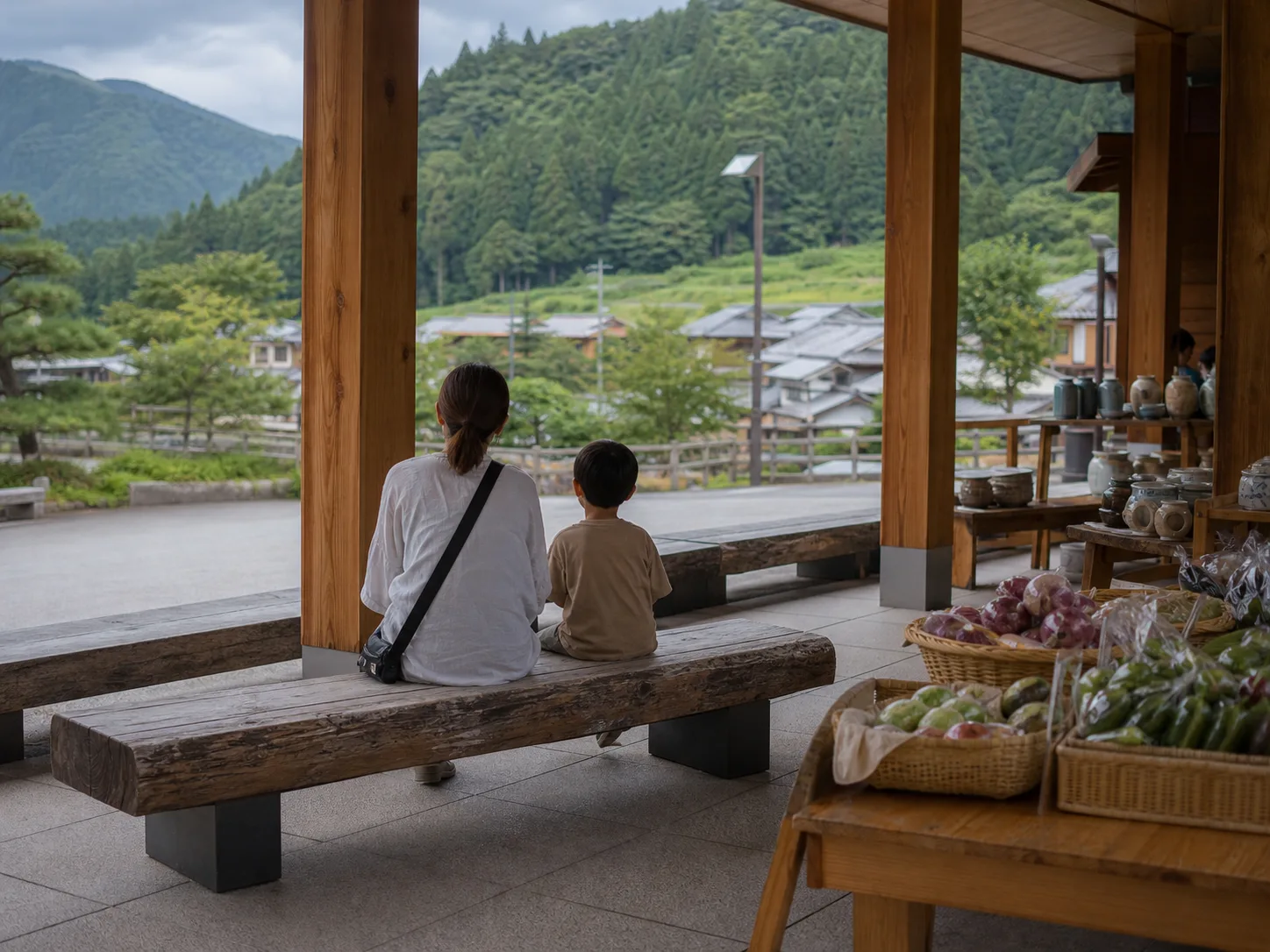 山あいの道の駅で親子が休憩する写真調イメージ