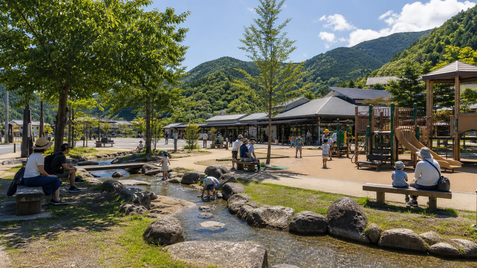 山麓の遊び場で家族が休憩する写真調イメージ