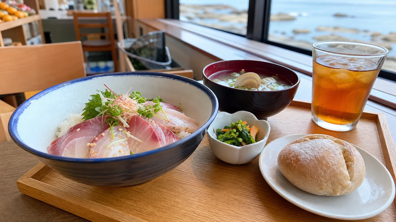 地魚丼、貝汁、小鉢、米粉パンを合わせた食事のイメージ写真