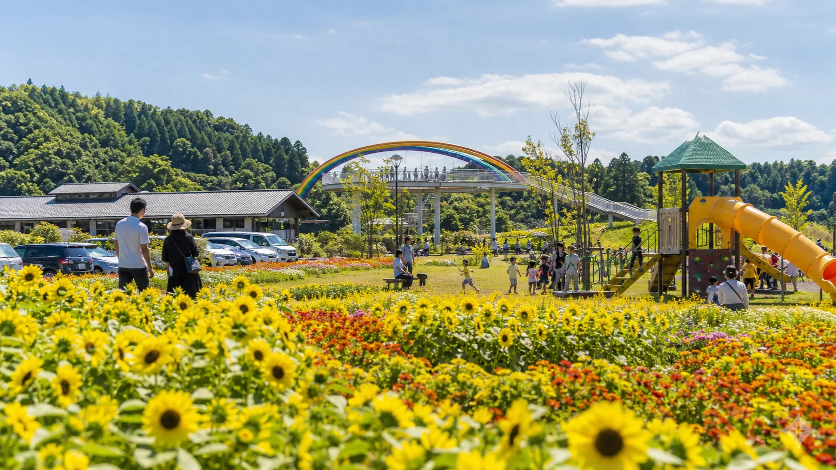 花公園と子ども広場を想起させる写真調イメージ