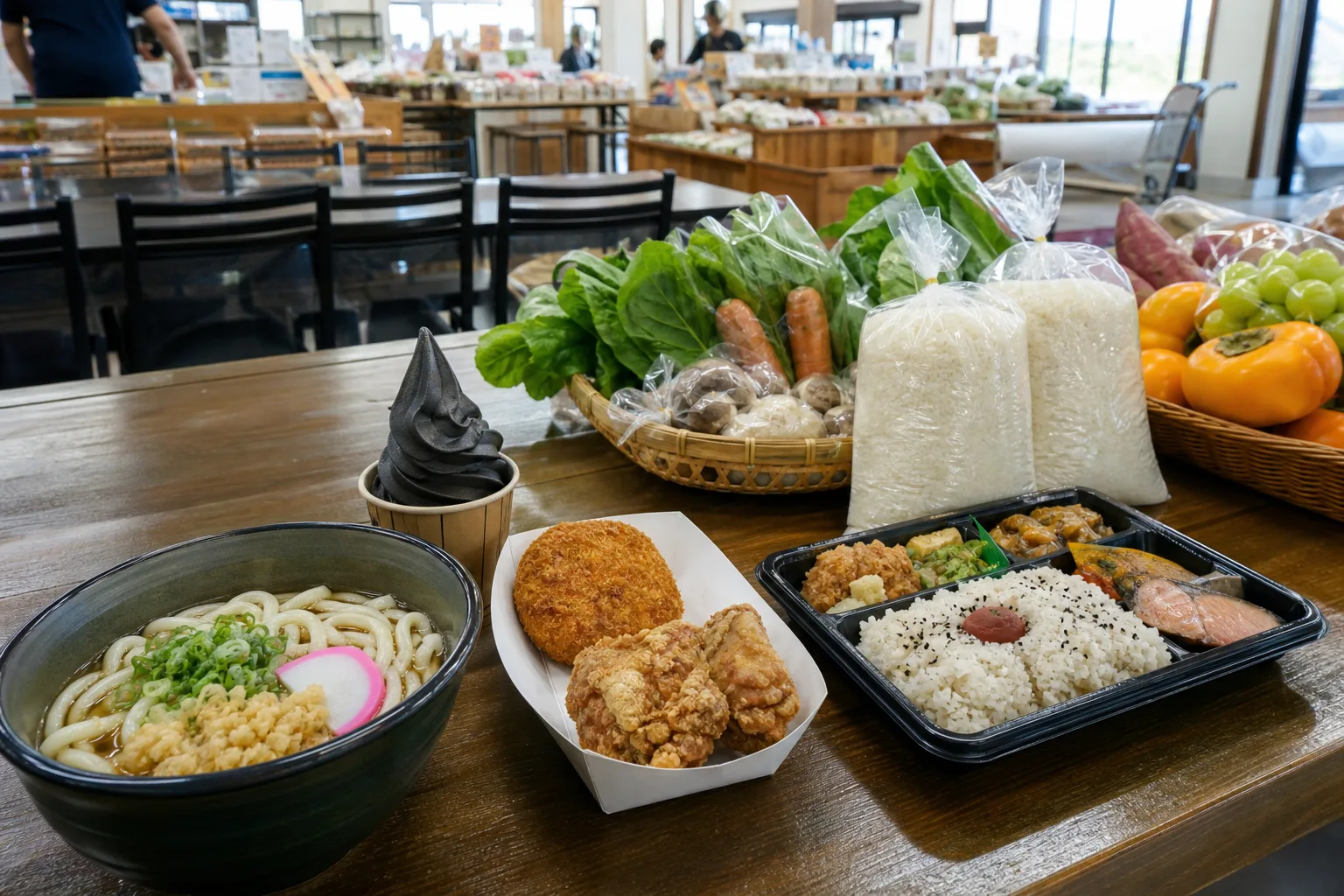フードコートの軽食、弁当、米、野菜、黒いソフトクリームを並べた写真調イメージ