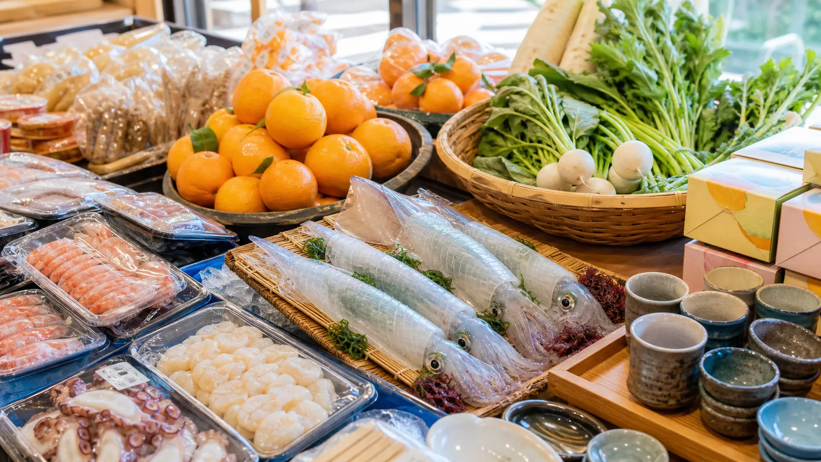 イカ料理、海産物、農産物、甘味を選ぶ直売所のイメージ写真