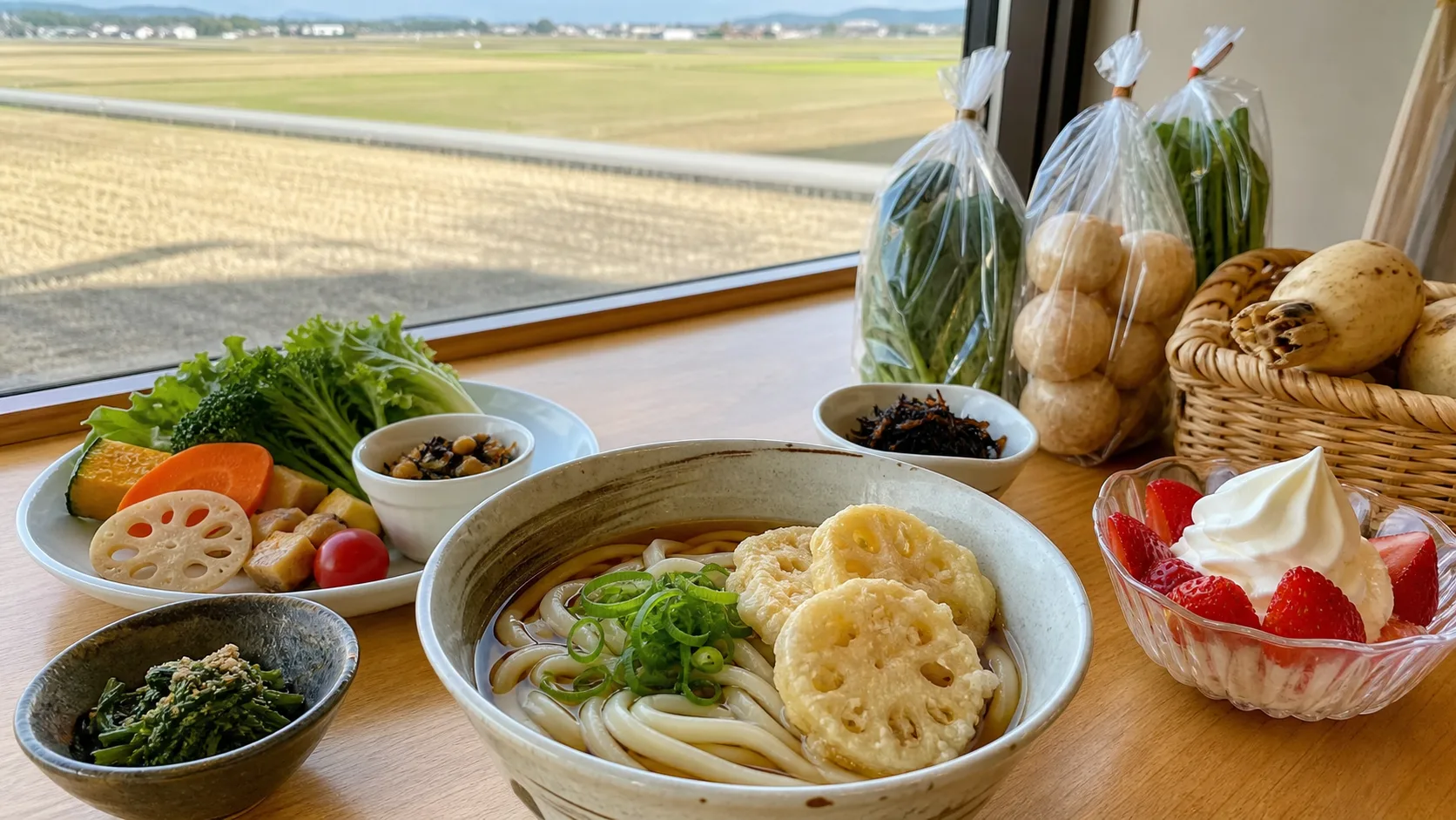 れんこんのうどんと白石野菜を味わう食事休憩の写真調イメージ