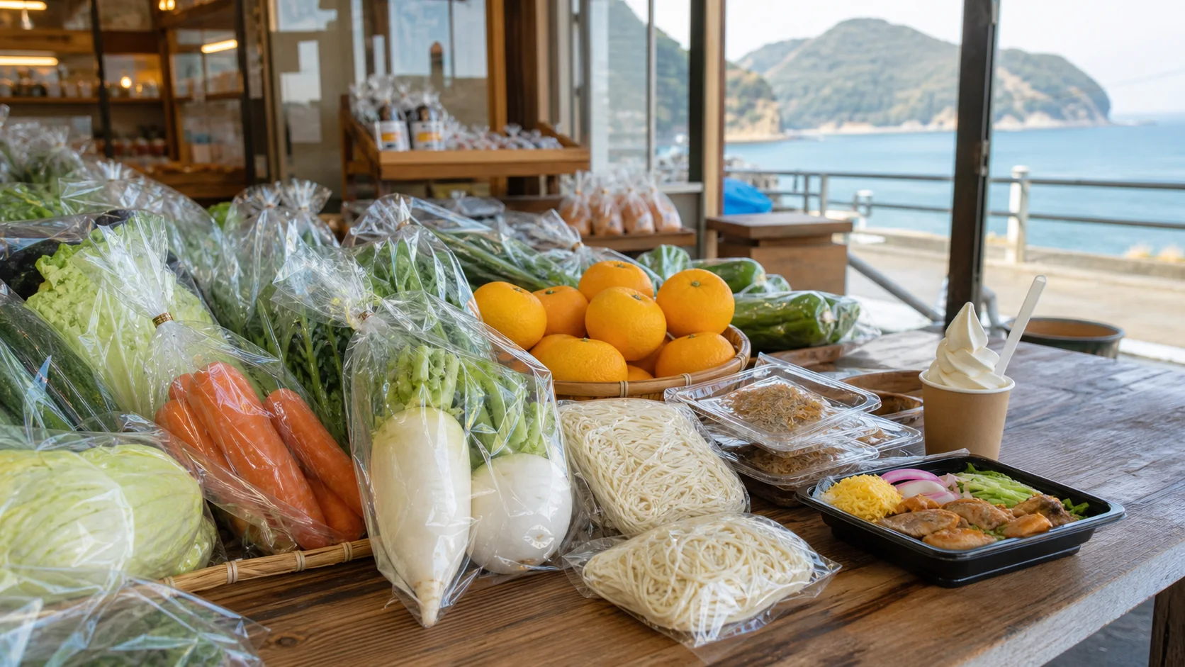 外海の農産物、麺、軽食を並べた道の駅の食のイメージ写真