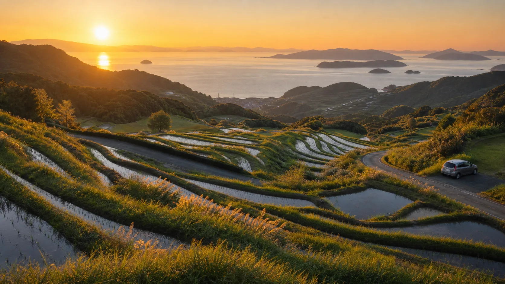 棚田と海の夕景へ車で足を延ばすイメージ写真