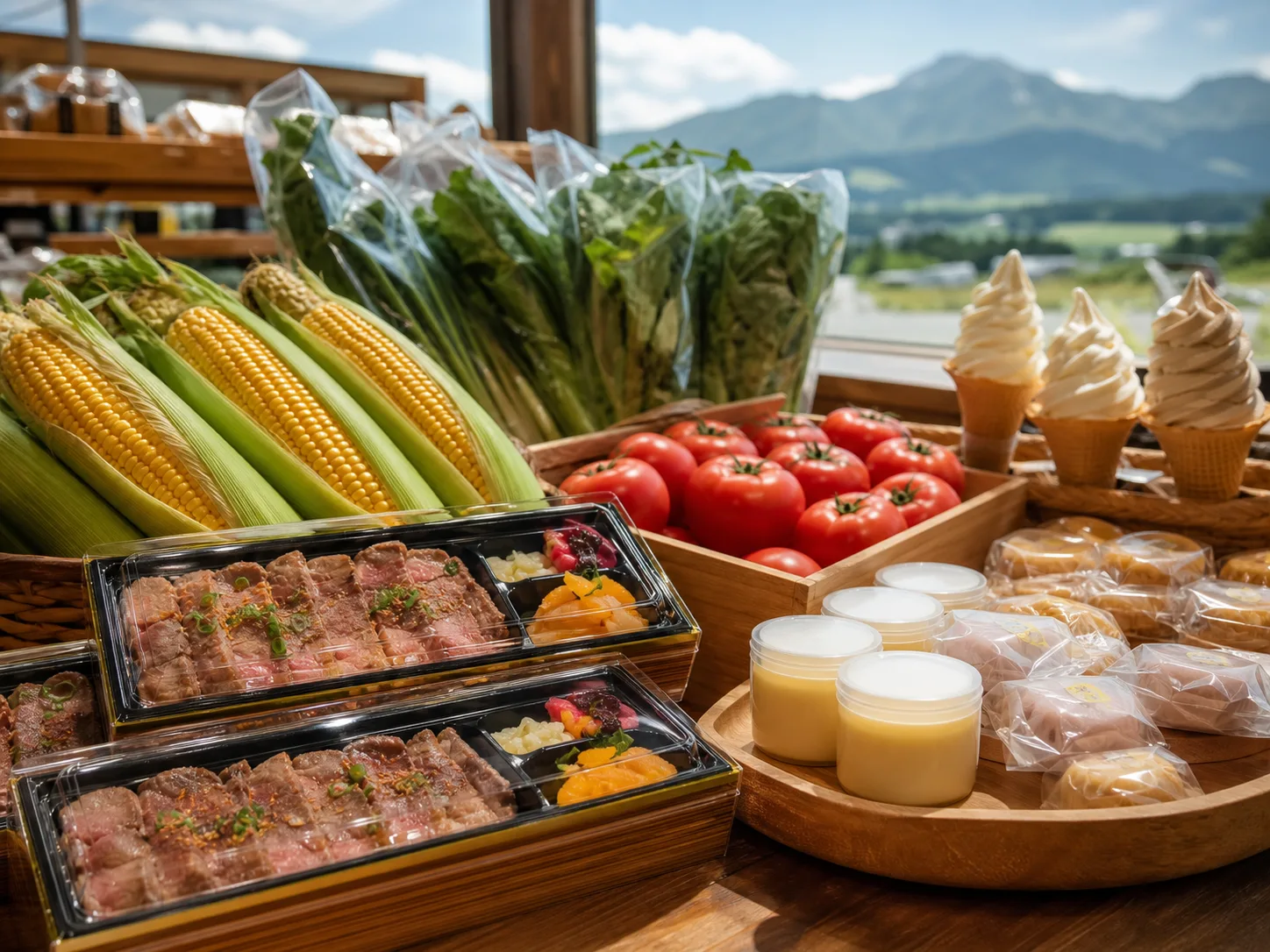あか牛弁当、野菜、乳製品をイメージした写真調素材
