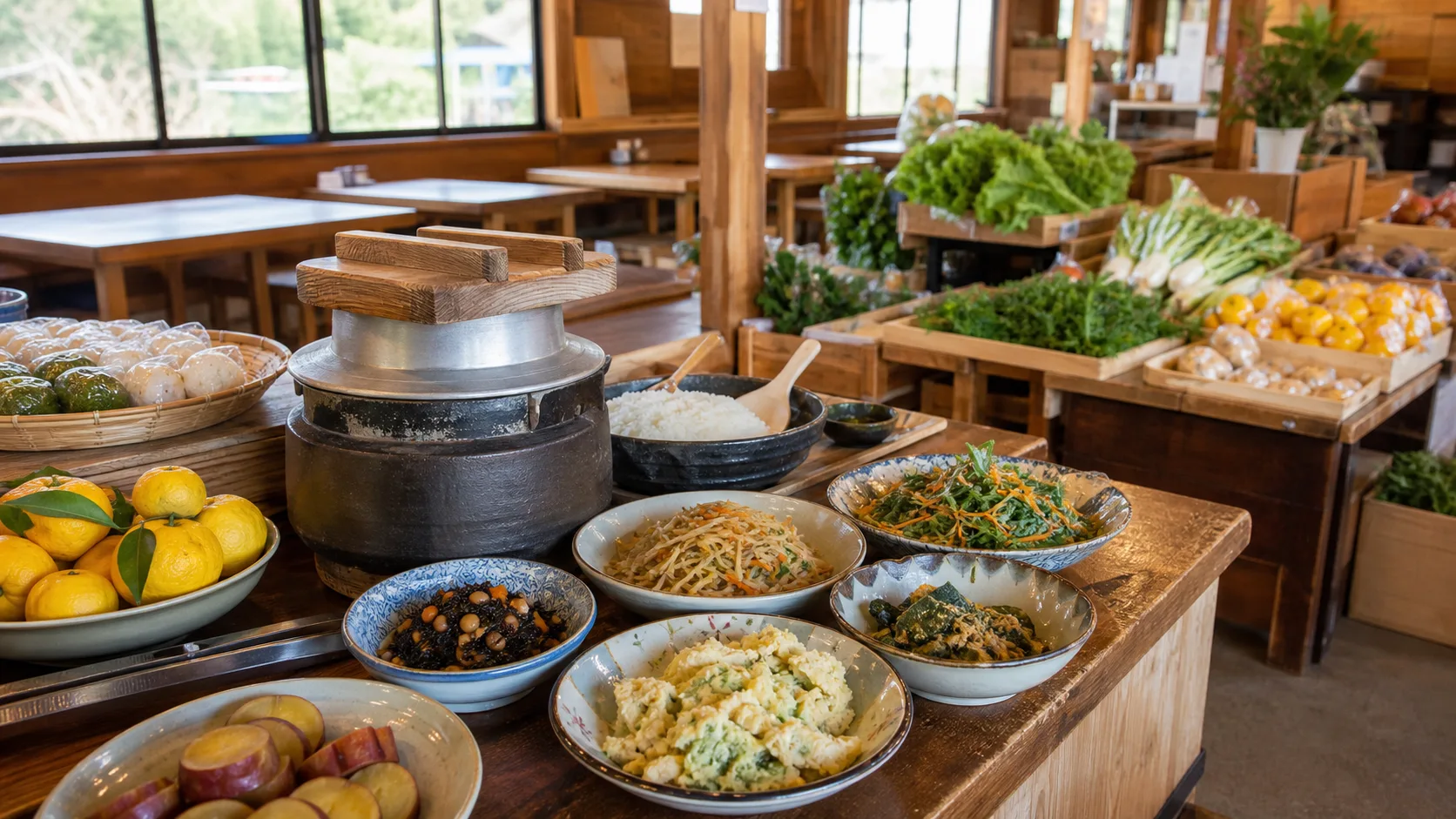 地元野菜、手作り惣菜、かまど炊きご飯が並ぶ食堂と直売所のイメージ写真
