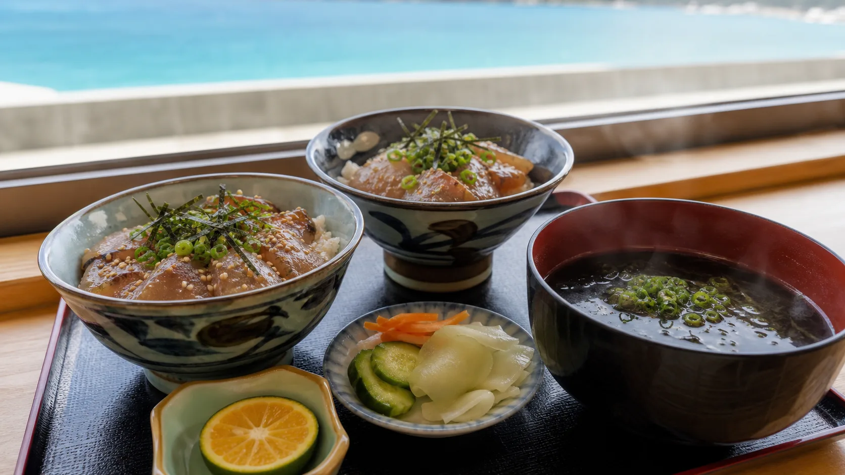 りゅうきゅう丼とクロメ汁を海辺で味わうイメージ写真